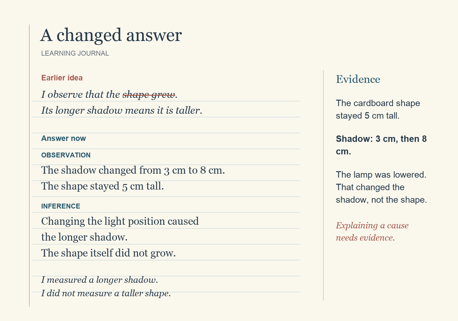 A learning journal crosses out the claim that a cardboard shape grew. The shadow length changed from 3 to 8 centimetres while the shape stayed 5 centimetres tall; a margin note connects the change to the lamp position.