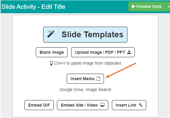 Slide Templates menu for bringing images, documents and videos into a lesson.