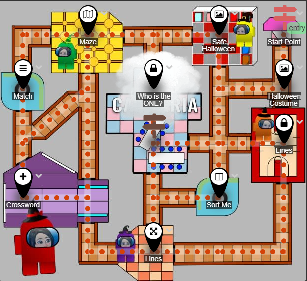 Halloween escape-room lesson map across an illustrated house.