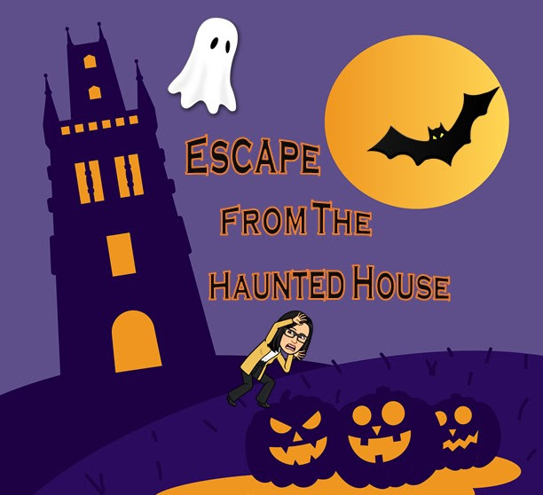 Escape from the Haunted House lesson cover with a castle and ghosts.