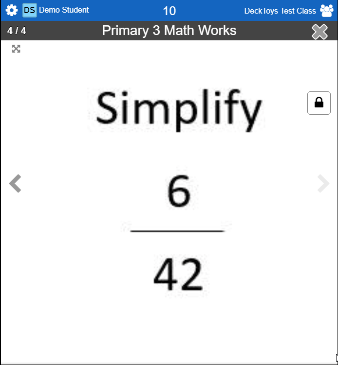 Student Maths Activity displaying a fraction-simplification question.