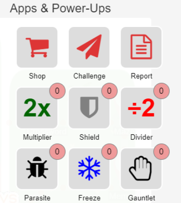 Challenge app menu showing responses, repair and game power-ups.