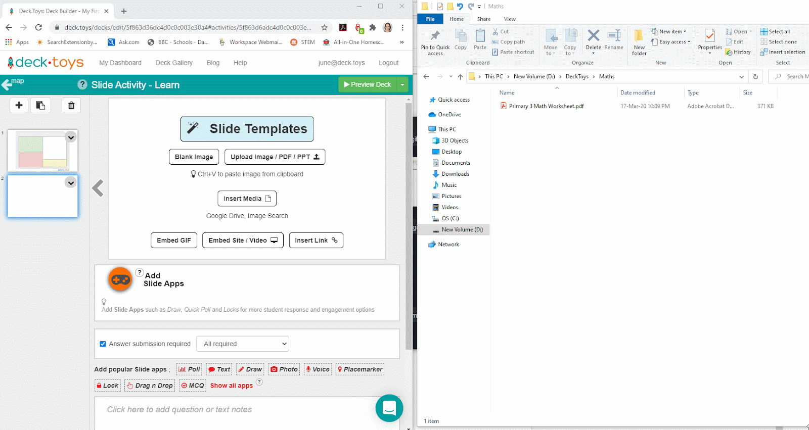 Deck Builder with a slide configuration window open.
