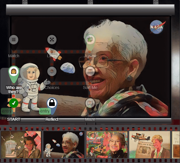 Lesson map combining a news portrait, space-themed images and activities.
