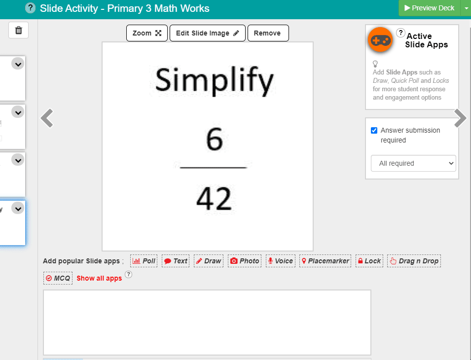 Maths Slide editor displaying a question to simplify six over forty-two.