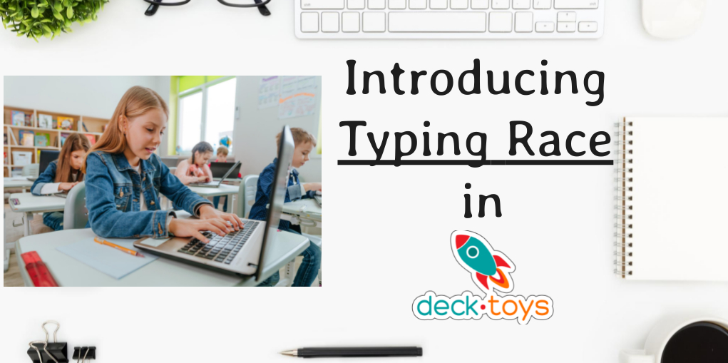 Introducing Typing Race graphic with a student using a laptop.