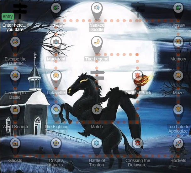 Halloween lesson map with a spooky tree, horse and rider.