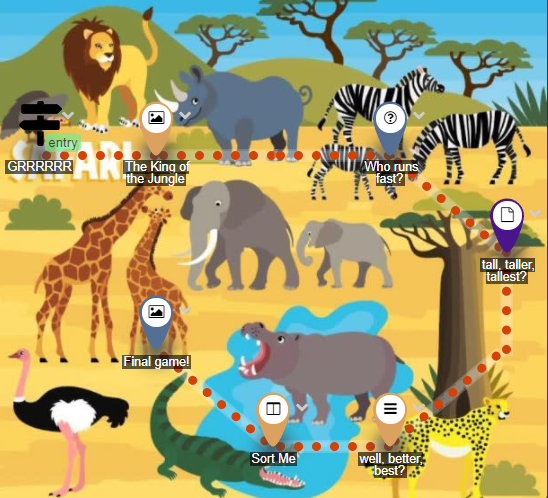 Language lesson map with savannah animals and linked activity paths.