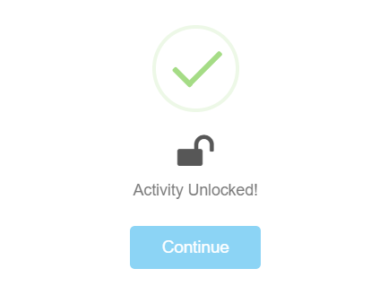 Activity Unlocked confirmation with a Continue button.