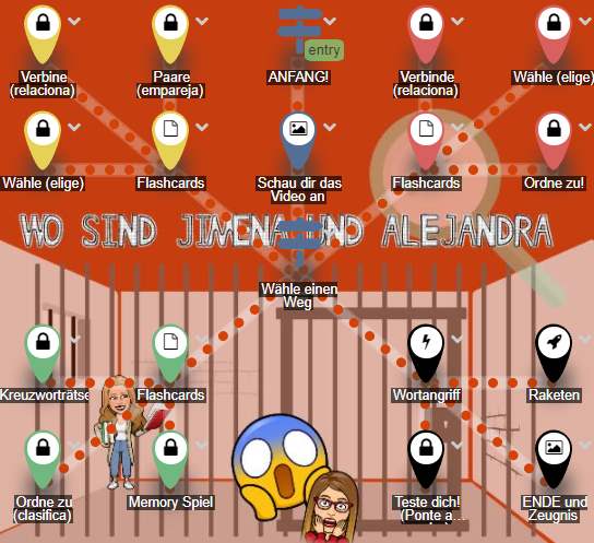 Language lesson map with activities on a colourful animal-themed background.