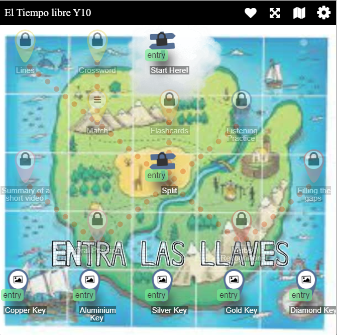 Language lesson map with activities across an illustrated island.
