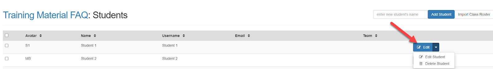 Student management list with a highlighted reset control.