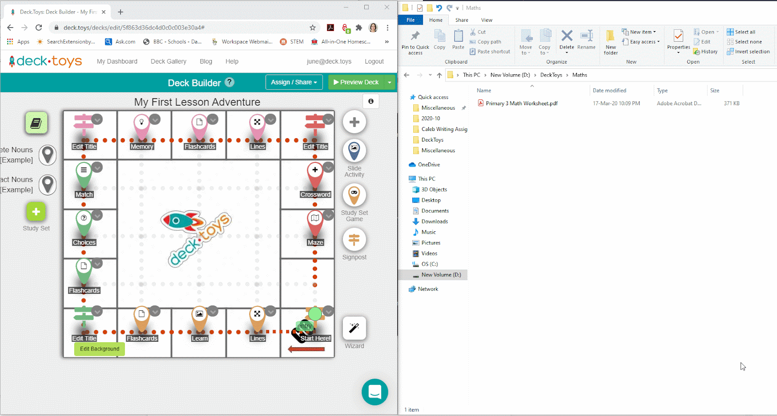 Deck Builder preview showing connected activities and an activity settings panel.