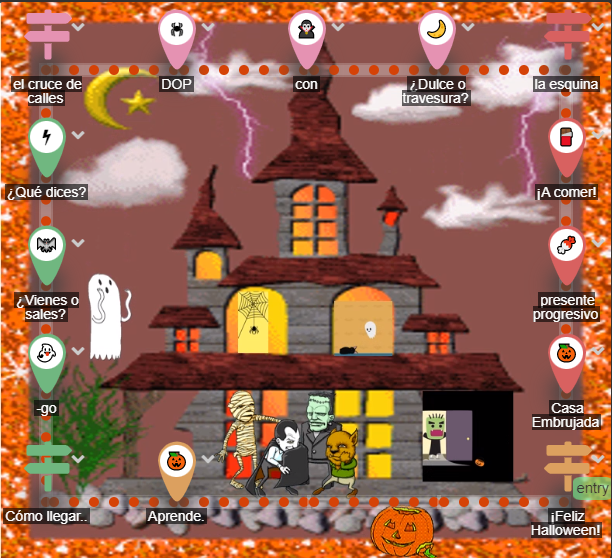 Halloween lesson map with branching activities across illustrated rooms.