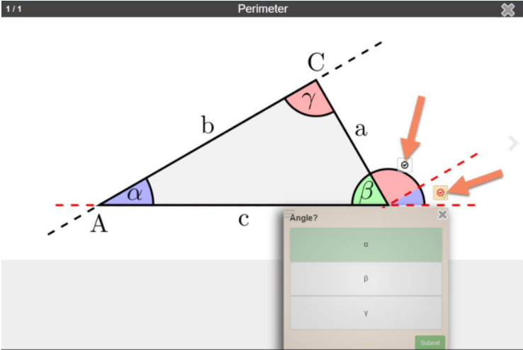 Geometry diagram with labelled angles and an activity control panel.
