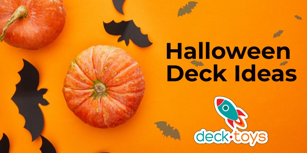 Halloween Deck Ideas graphic with a pumpkin and bats.