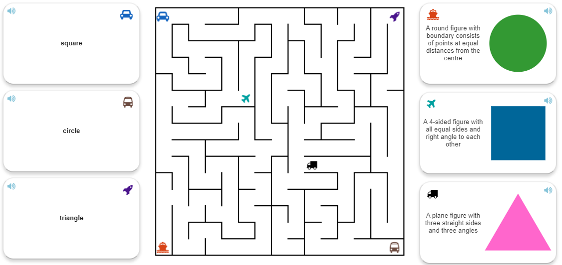 Study Set activity examples including matching, maze and shape cards.