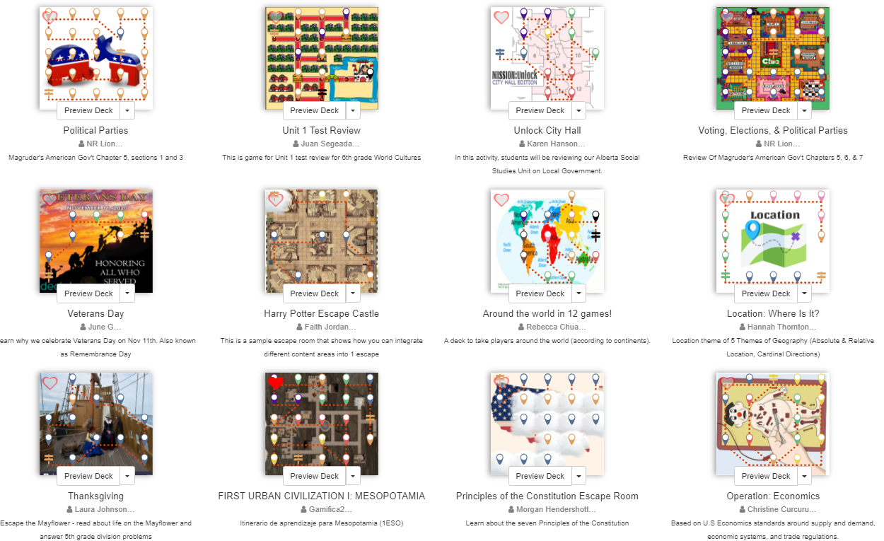 Deck Library displaying history and social-studies lesson maps.