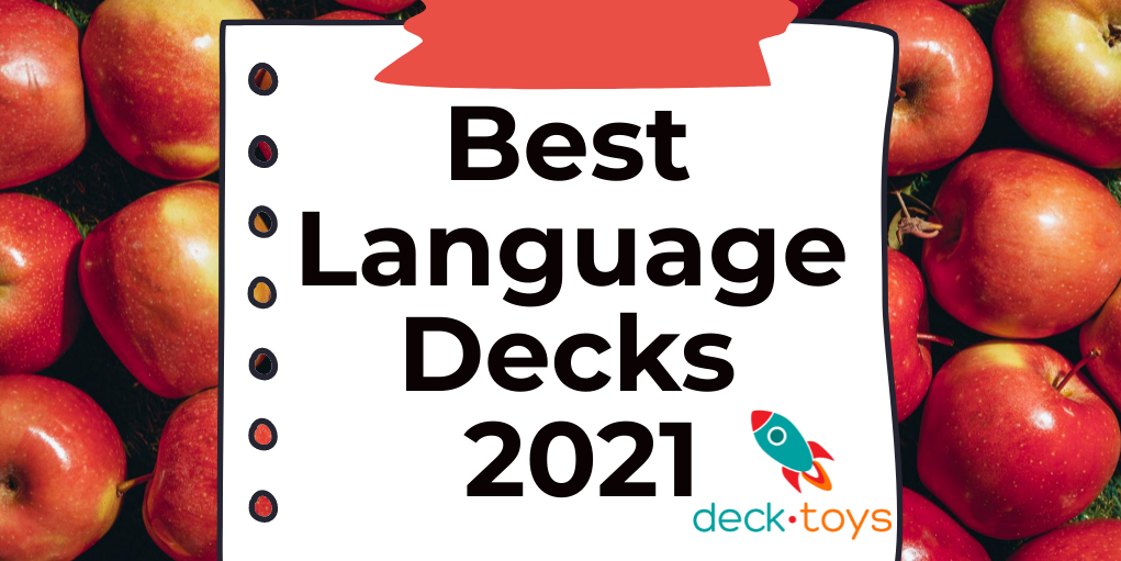 Best Language Decks 2021 graphic over a background of apples.