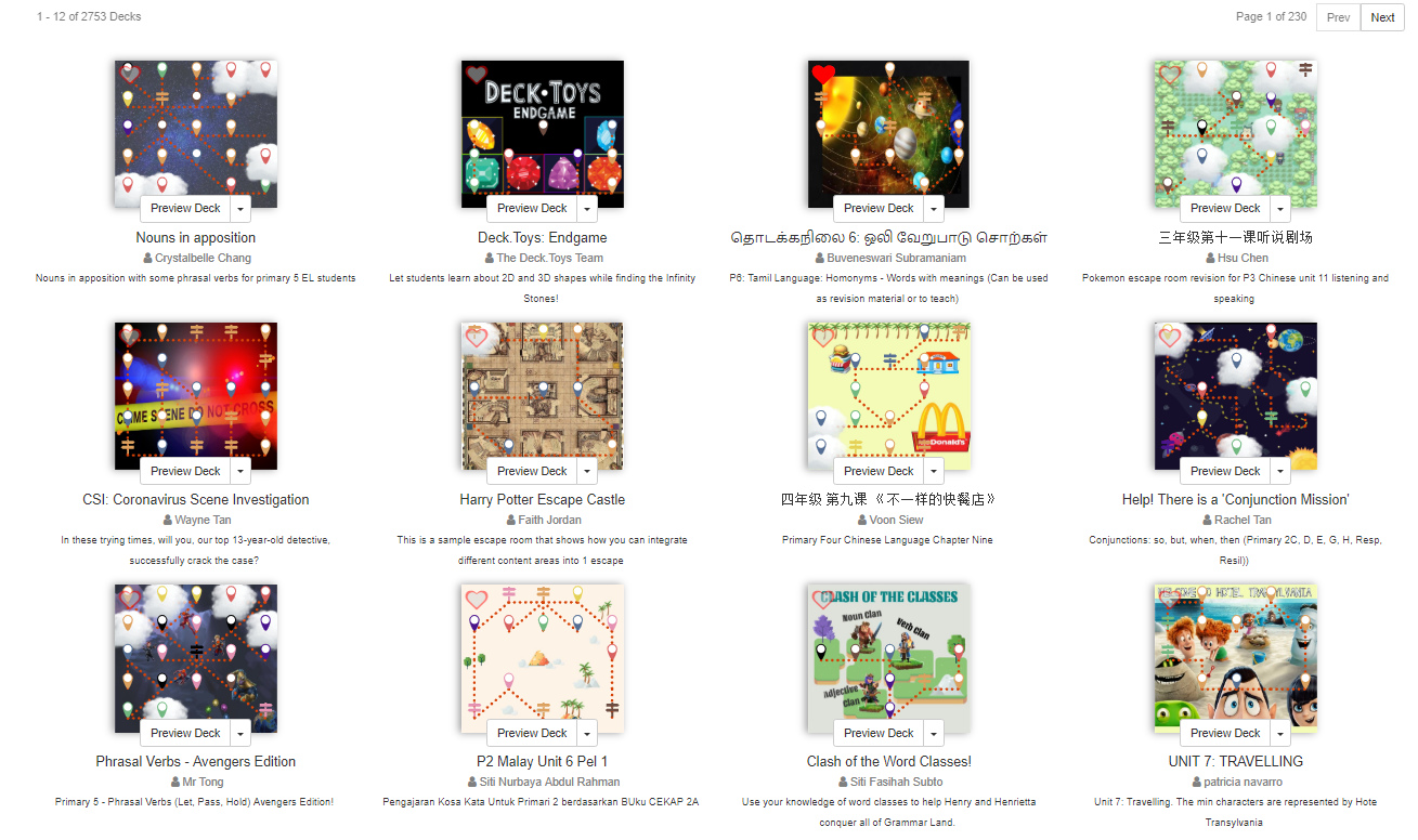 Deck Library grid of language lesson examples.