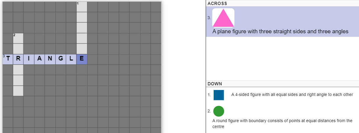 Crossword activity with shape definitions and a highlighted triangle answer.