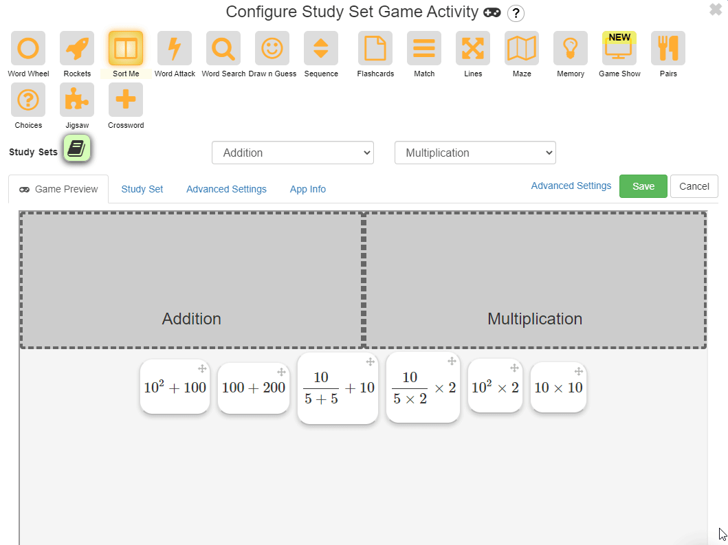 Study Set editor displaying an equation-image preview.
