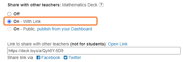 Deck sharing controls with On – With Link selected and a shareable URL.