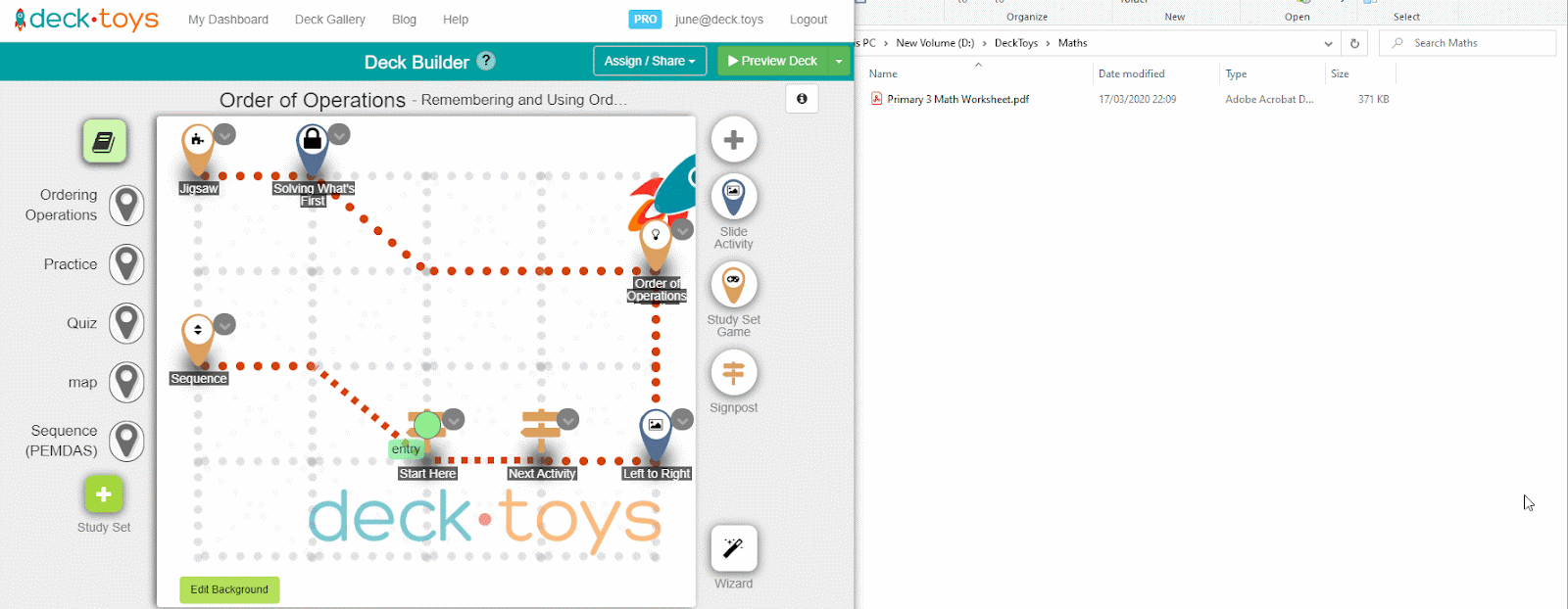Maths lesson map with linked activities on the Deck Builder canvas.