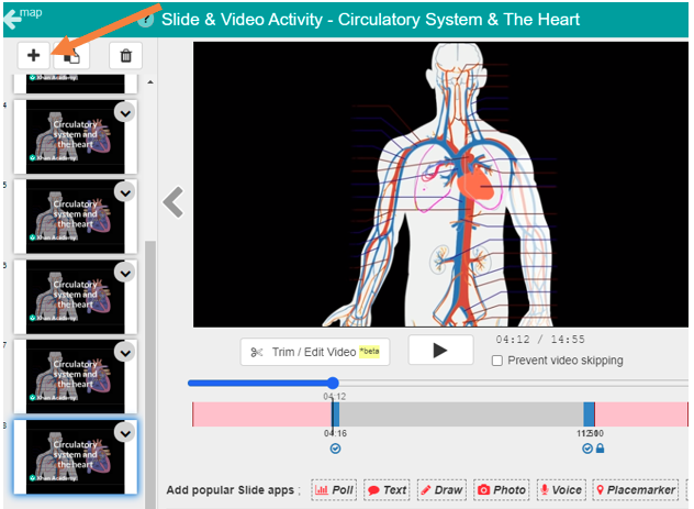 Video Activity editor with a human-body diagram and a slide list.