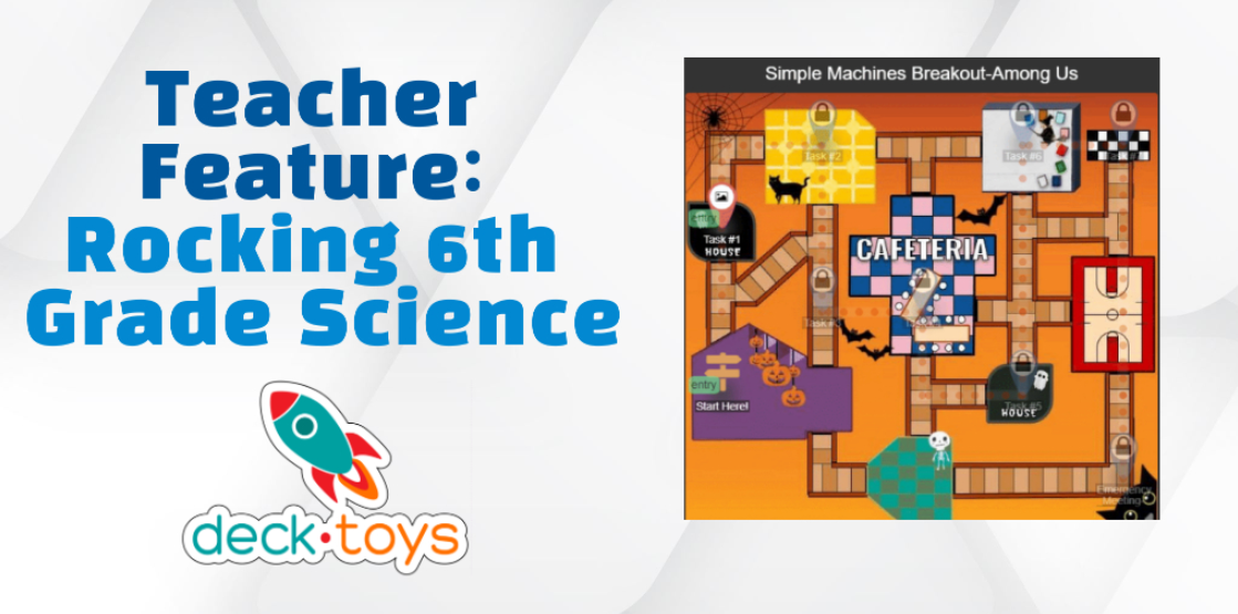 Teacher Feature: Rocking 6th Grade Science graphic beside an escape-room lesson map.