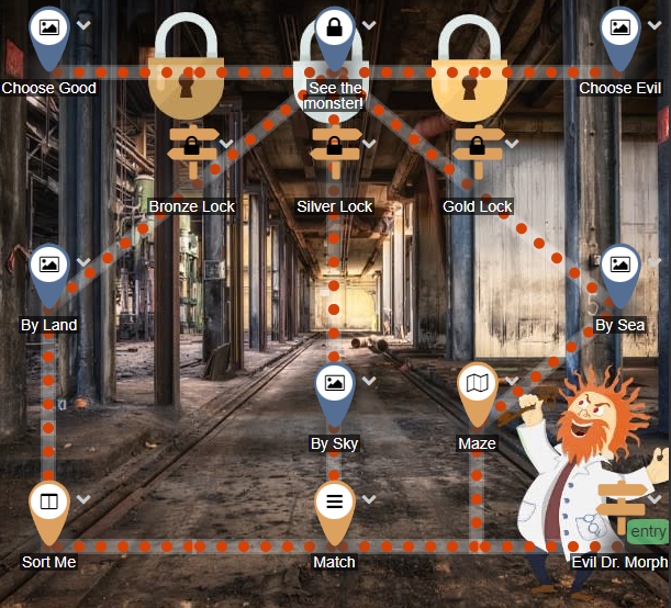 Science lesson map with activity and lock markers in a library scene.