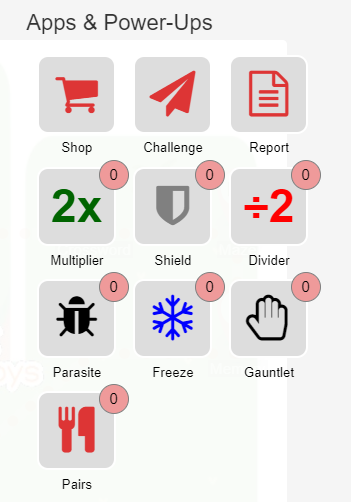 Challenge app responses and power-ups menu.
