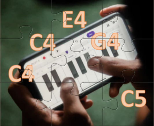 Piano keyboard graphic labelled with musical note names.