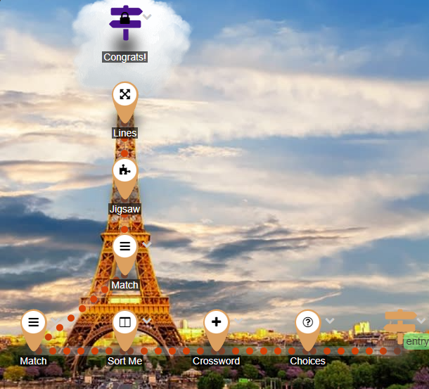 Maths lesson map with activity markers along the Eiffel Tower.
