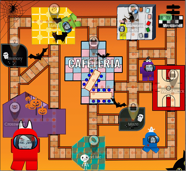 Halloween lesson map with activities in an illustrated building.