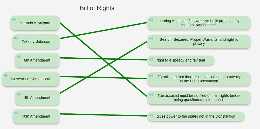 Bill of Rights matching activity with green connections between terms and definitions.