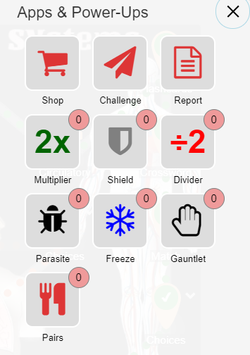 Challenge app menu with responses and power-ups.