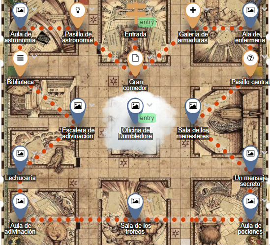 Language lesson map with activities in an illustrated museum.