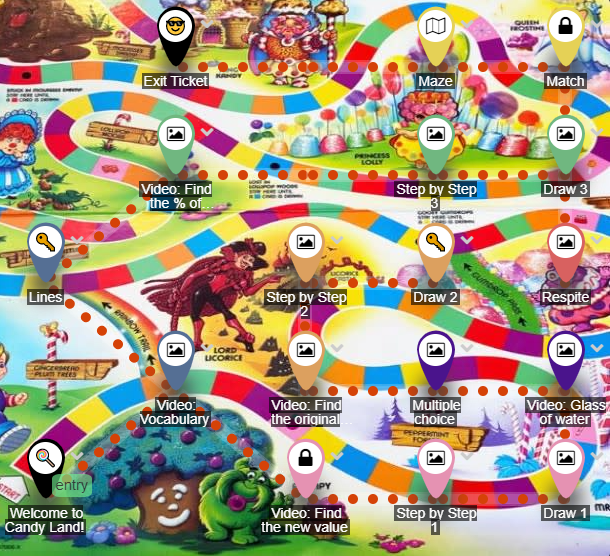 Colourful language lesson map filled with illustrated objects and activity markers.