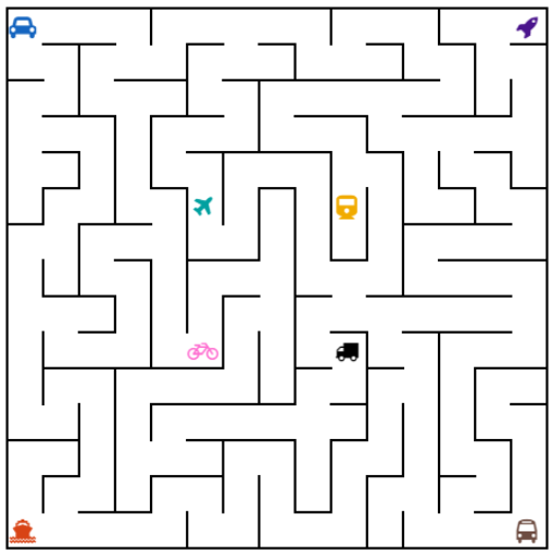 Maze activity with illustrated paths and a student marker.
