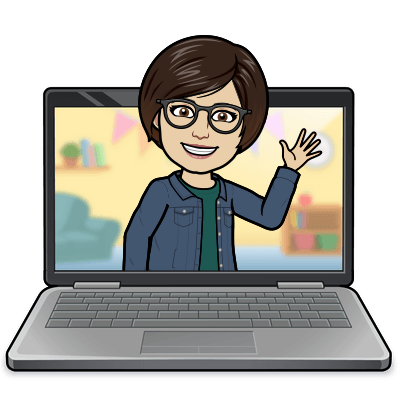 Illustrated teacher avatar appearing on a laptop screen.