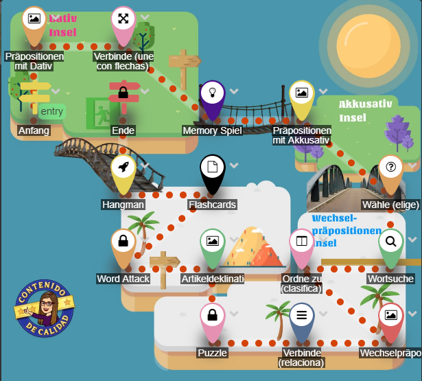 Language lesson map with branching paths across a tropical island.