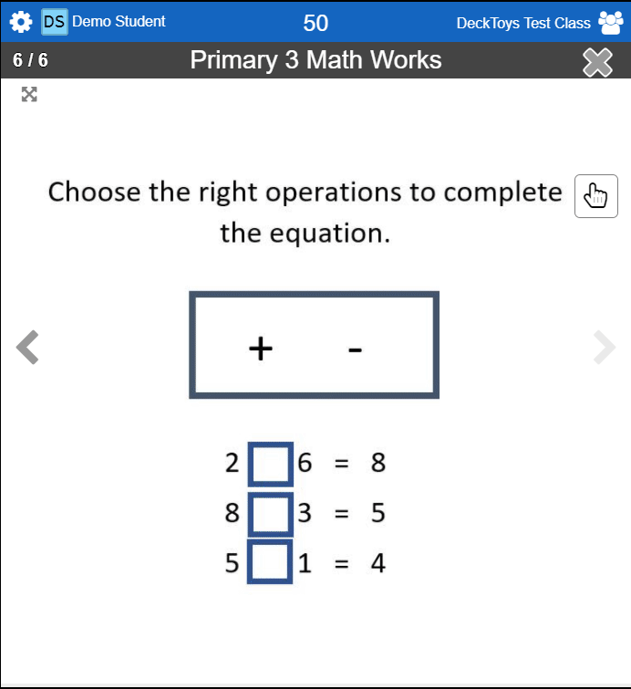 Student Drag-and-Drop Maths Activity with equation and fraction tiles.
