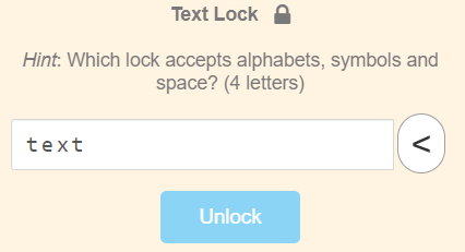 Text Lock asking for a four-letter answer, with a text box and Unlock button.