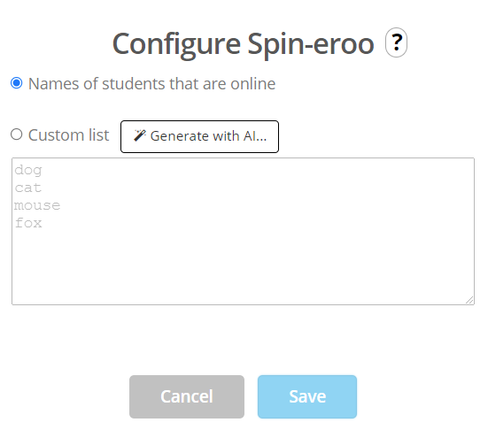 Spin-eroo configuration with a list of names and an AI generator button.