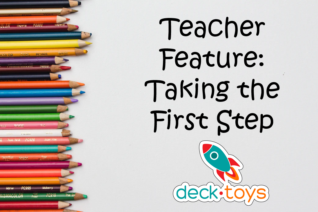 Teacher Feature: Taking the First Step graphic beside a stack of books.