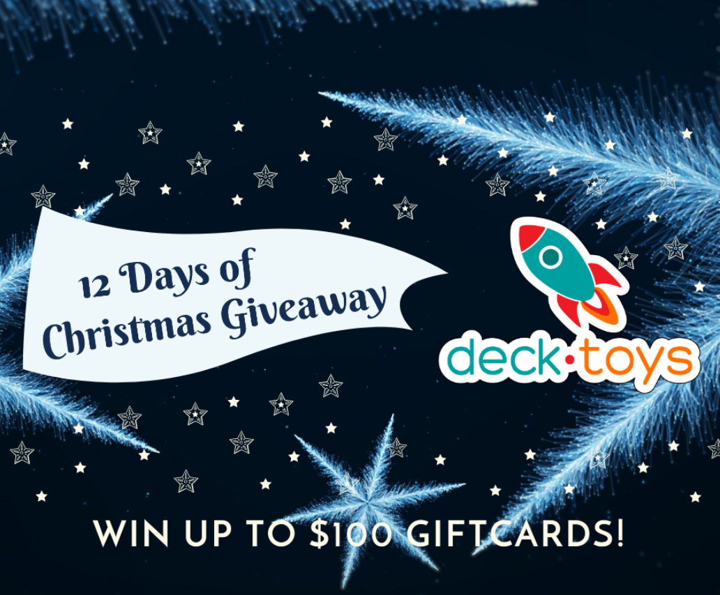 Twelve Days of Christmas Giveaway graphic with the Deck.Toys rocket.
