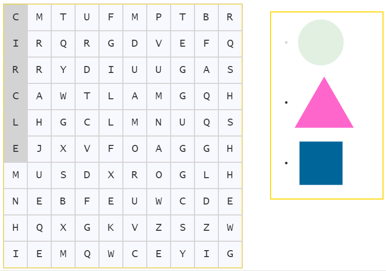 Word Search activity with circle, triangle and square image clues.