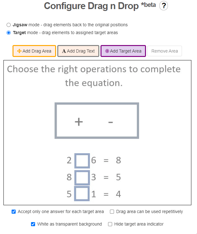 Drag-and-drop equation configuration with operations and fractions.