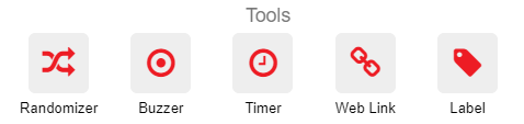 Tool selector with Randomizer, Buzzer, Timer, Web Link and Label options.